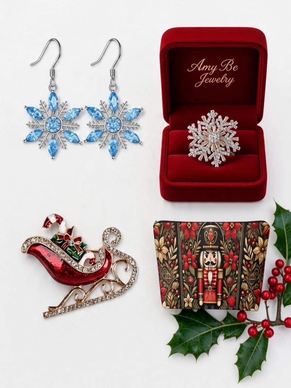 Christmas Bundle - Snowflake Ring, Sleigh Brooch, Nutcracker Bag & Earrings. New